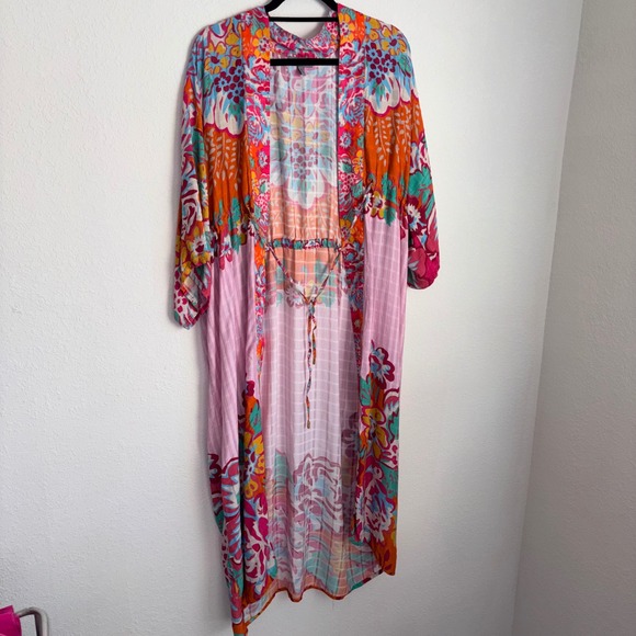Anthropologie Conditions apply boho Floral Kimono Duster Maxi Open Front Pink - Picture 5 of 12